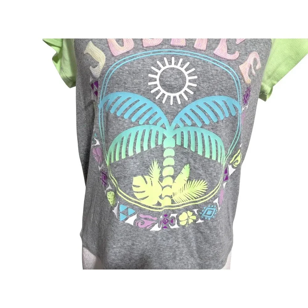 Justice Girls XL Gray & Green Raglan Crop Top With Sequin Lettering & Palm‎ Tree